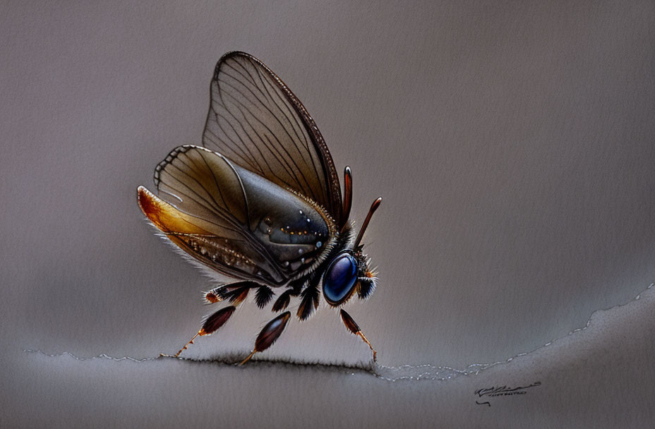 Detailed painting of butterfly with translucent wings and dewdrop on head against grey background