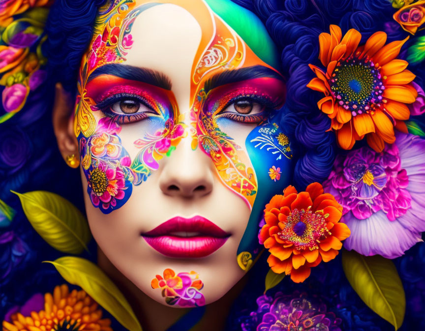 Colorful floral face paint portrait of a woman with flowers in blue hair