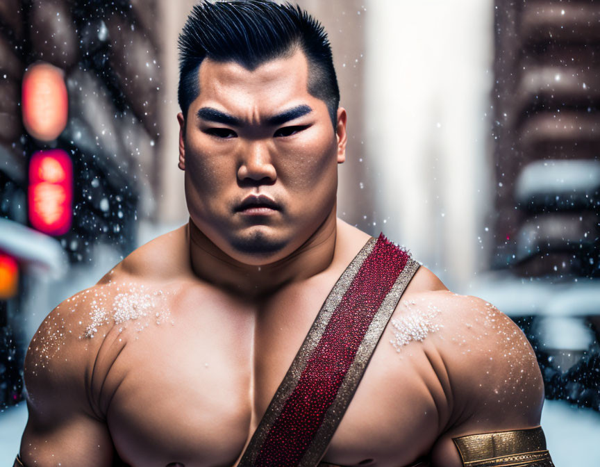 Serious muscular person with red strap, snowflakes, urban background