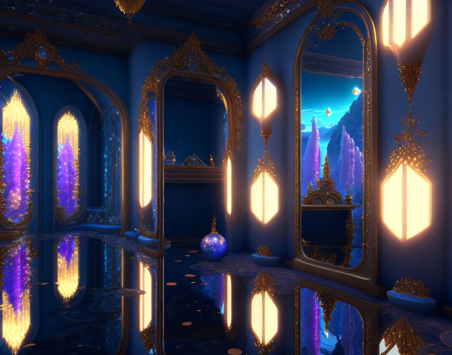 Luxurious room with golden mirrors, crystal formations, lanterns, and glossy floor under night sky