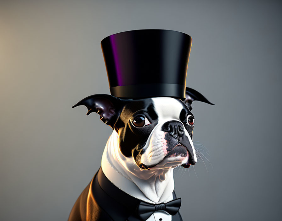 Boston Terrier in Top Hat and Bow Tie on Grey Background