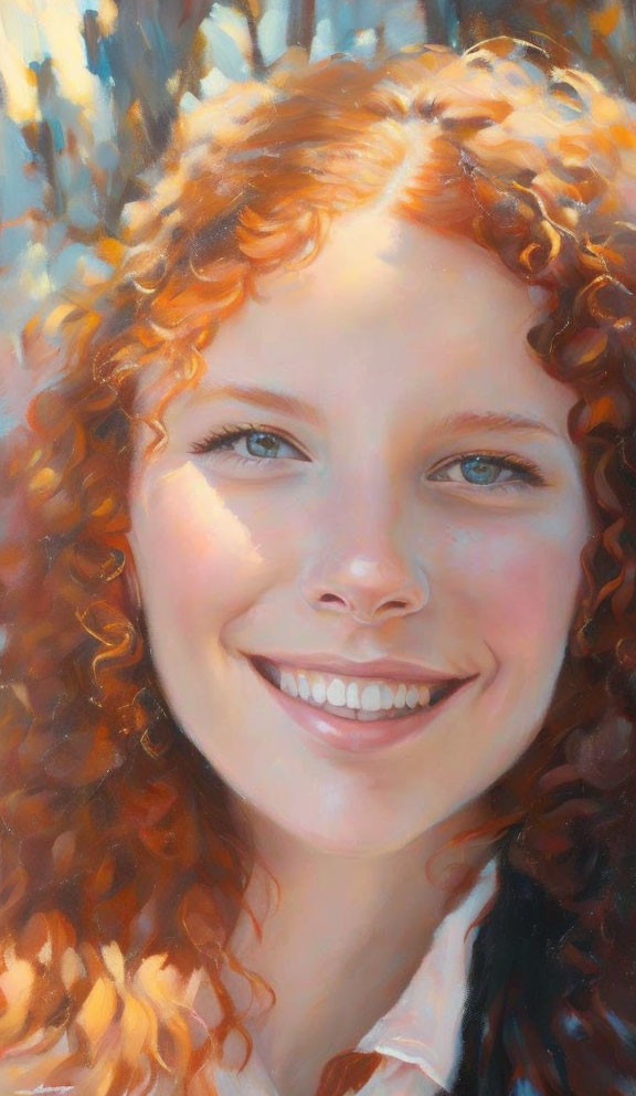 Curly Red-Haired Woman Smiling in Dappled Sunlight