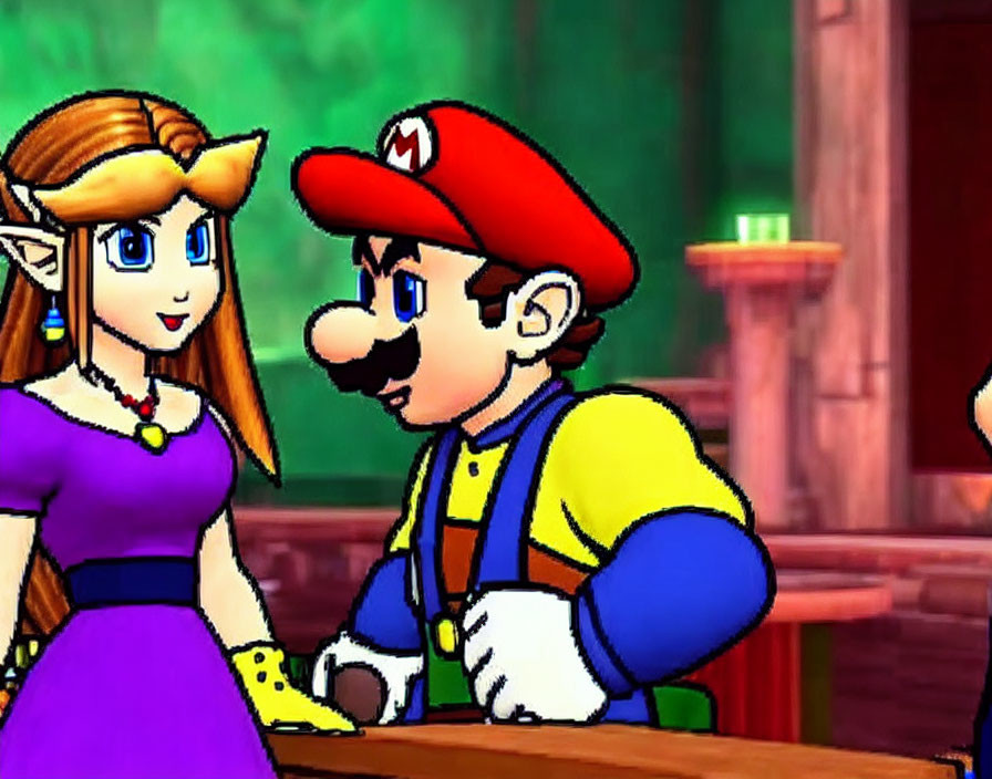 3D-rendered image of Mario with character in purple dress