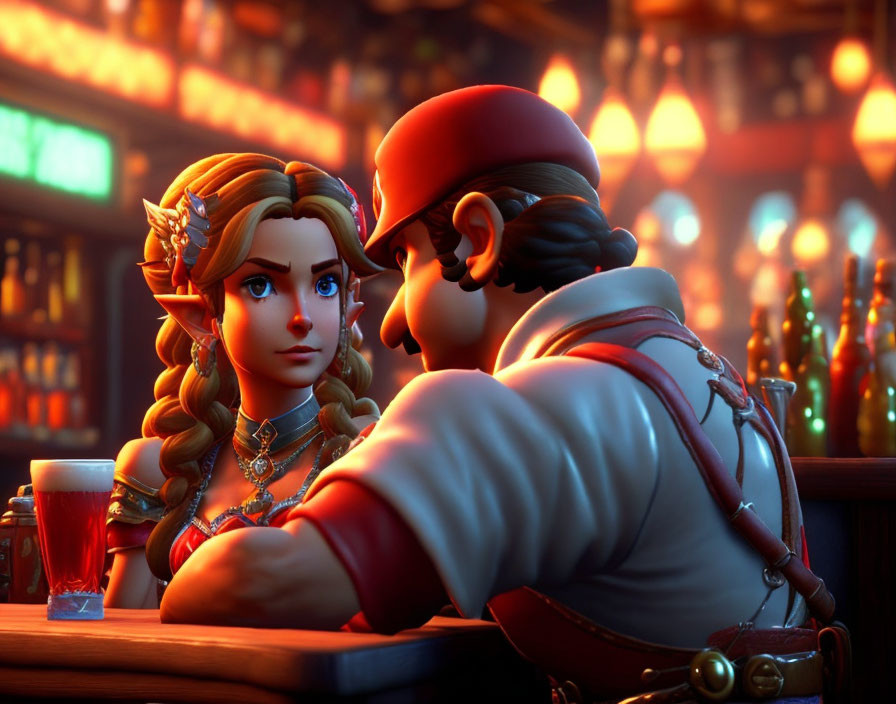 Blonde female and male with red cap in romantic scene at bar