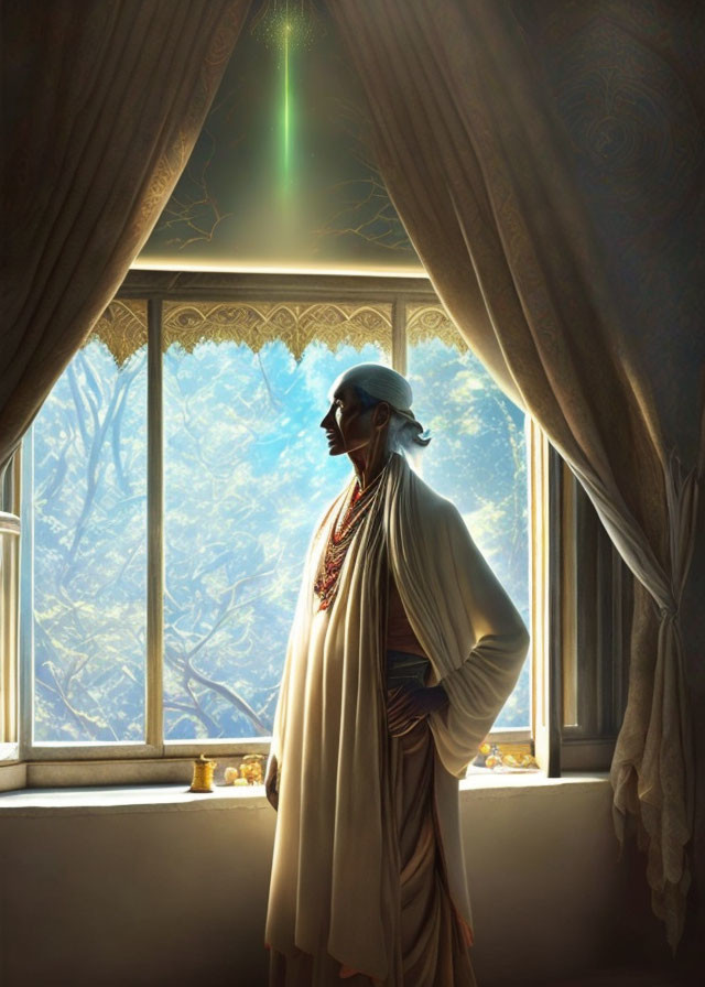 Traditional Attire Figure Contemplating by Sunlit Window