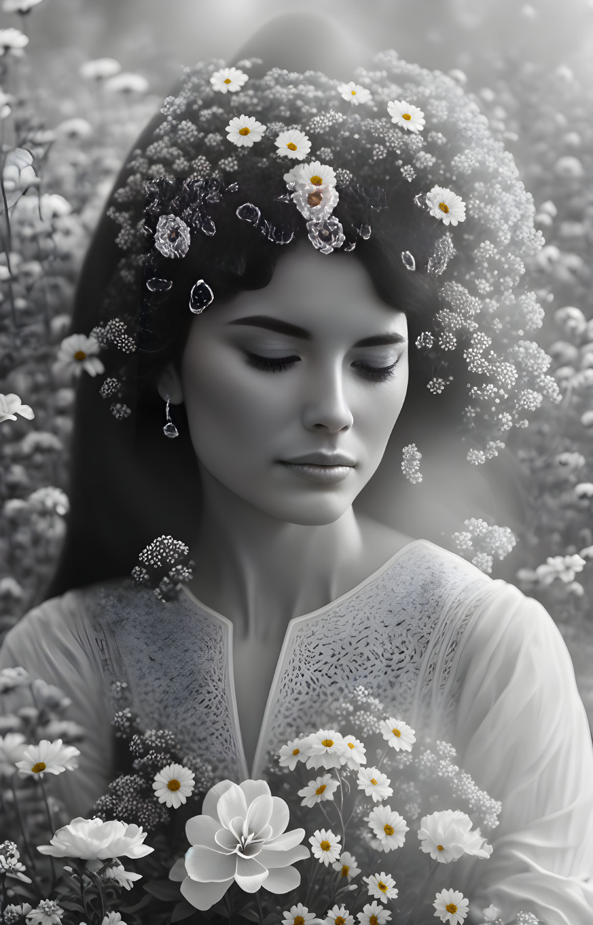 Monochrome image of woman with floral adornments in serene flower field