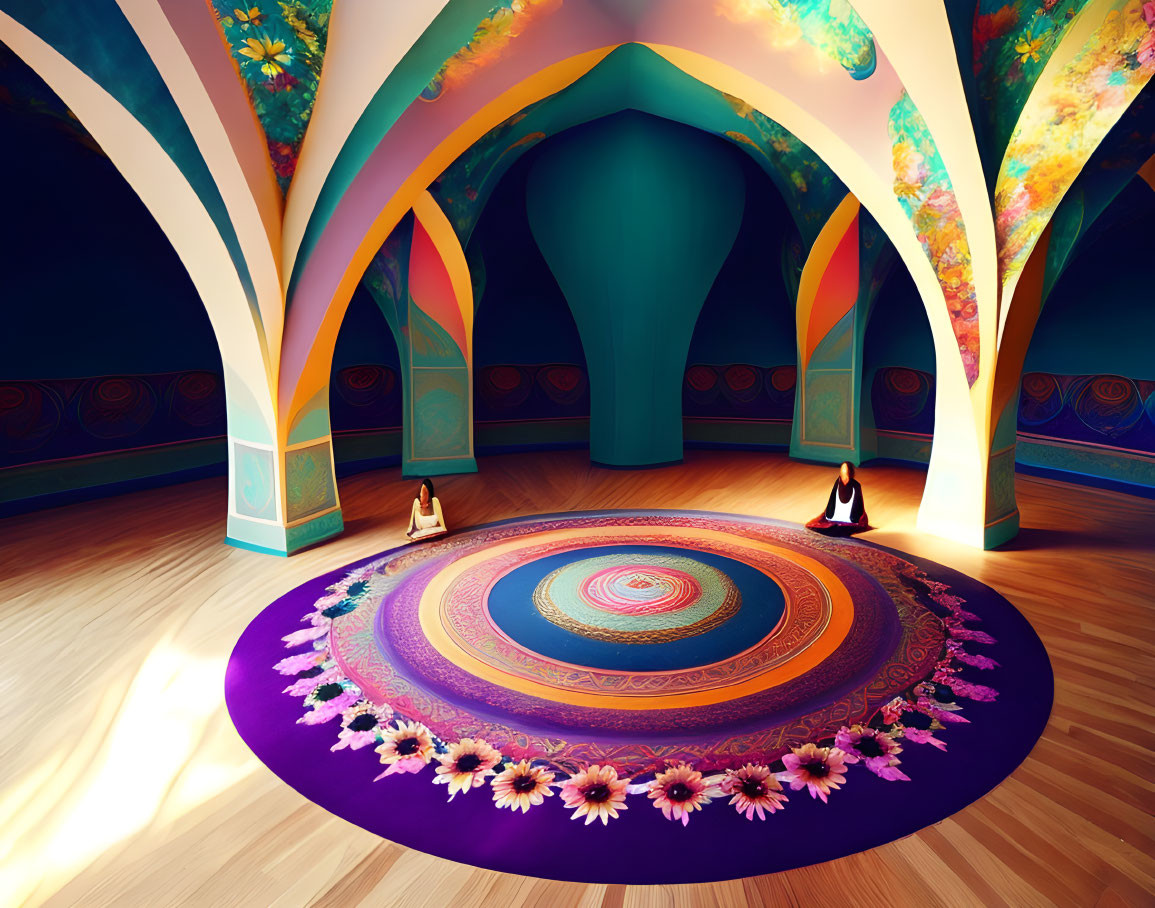 Vibrant interior with meditating couple on circular rug