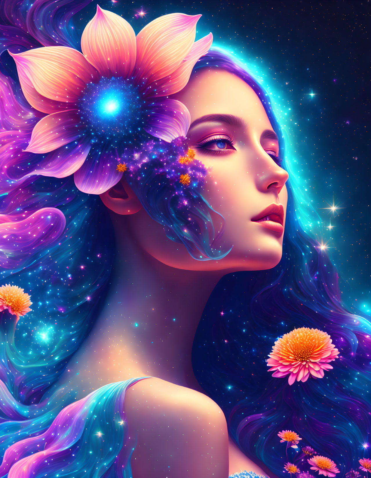 Digital artwork featuring woman with galaxy-themed skin and hair surrounded by vibrant flowers on cosmic backdrop