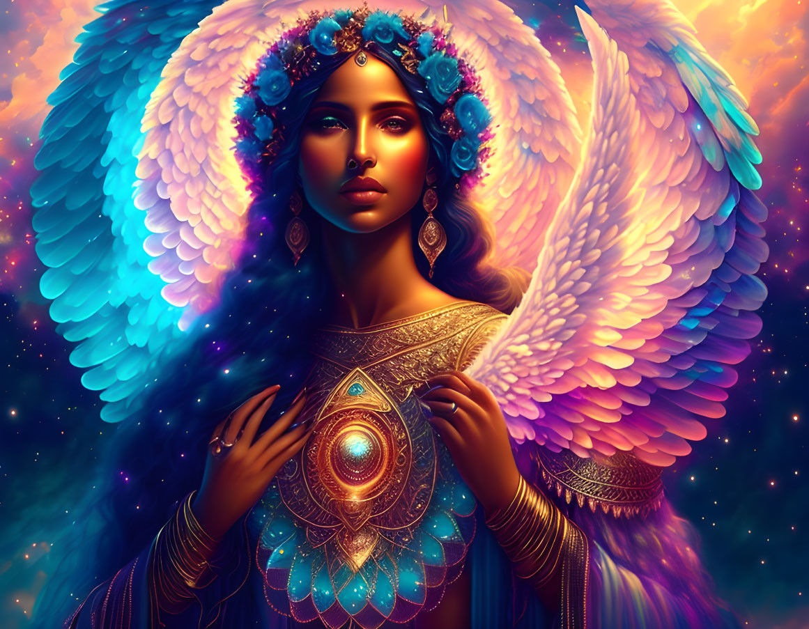 Ethereal woman with angelic wings in celestial setting