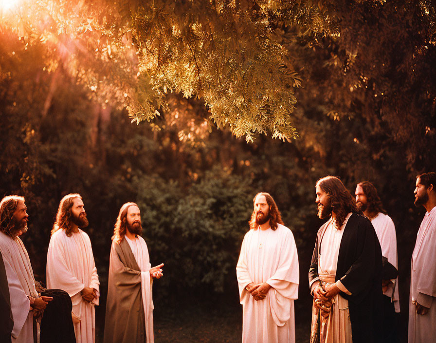 Group in white robes under tree in warm sunlight