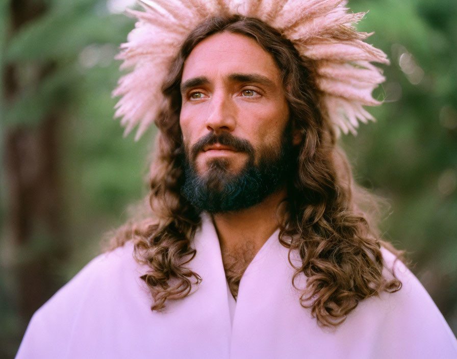 Bearded man in white robe with pink headpiece, gazing sideways against green backdrop