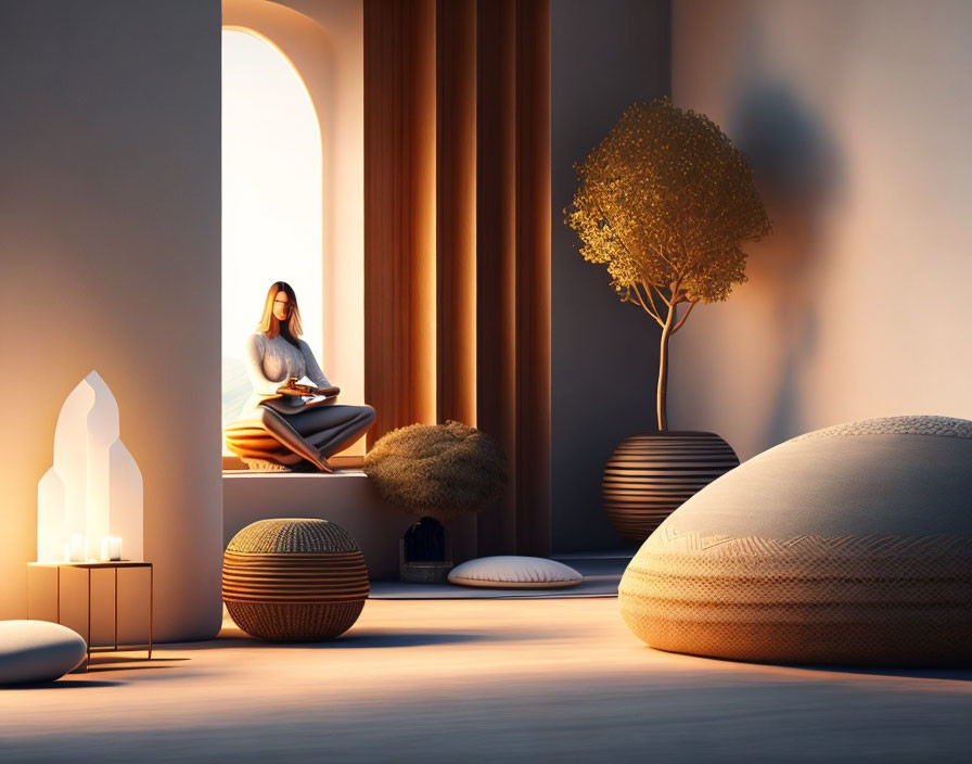 Tranquil indoor meditation setting with soft lighting and spherical cushions