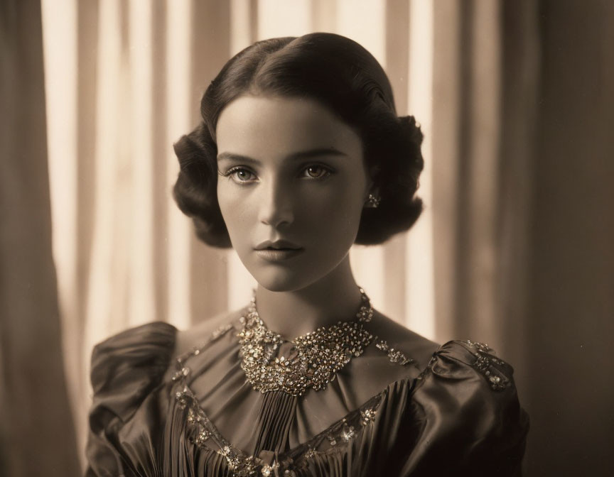 Sepia-toned vintage portrait of a woman with short curled hair and jeweled necklace.