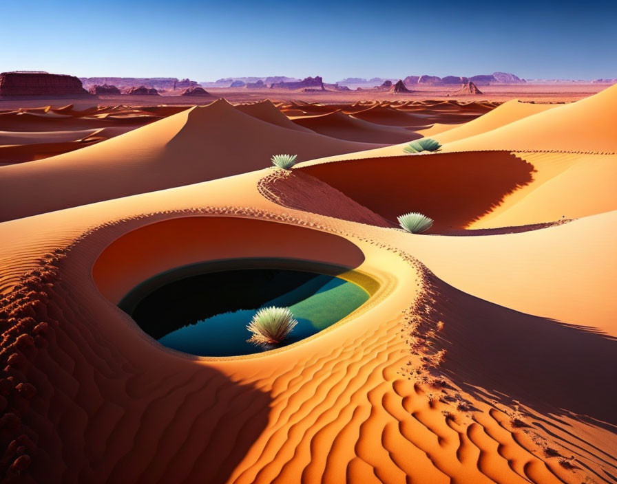 Colorful desert dunes contrast with lush greenery around water hole under blue sky