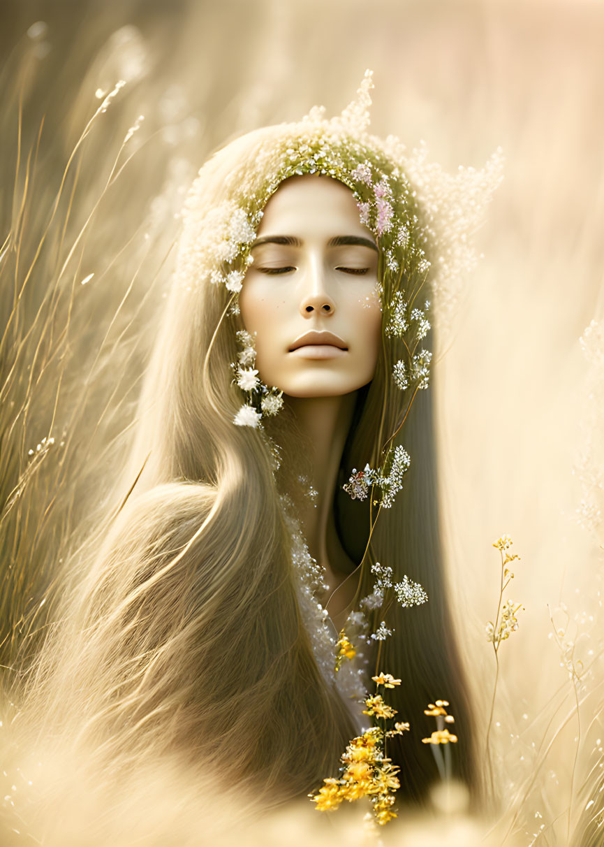 Woman with Long Hair and White Flowers in Golden Grass Field