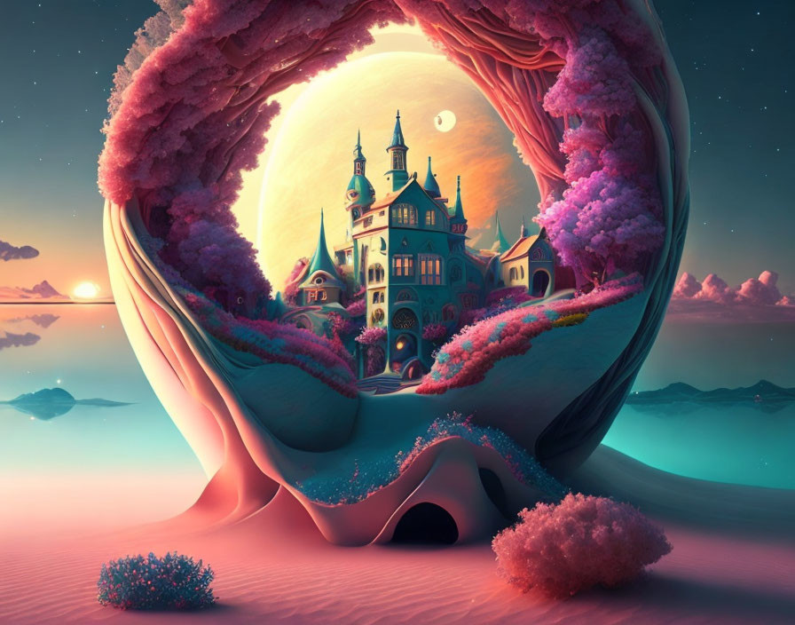 Fantastical castle in surreal shell-like structure amidst colorful flora