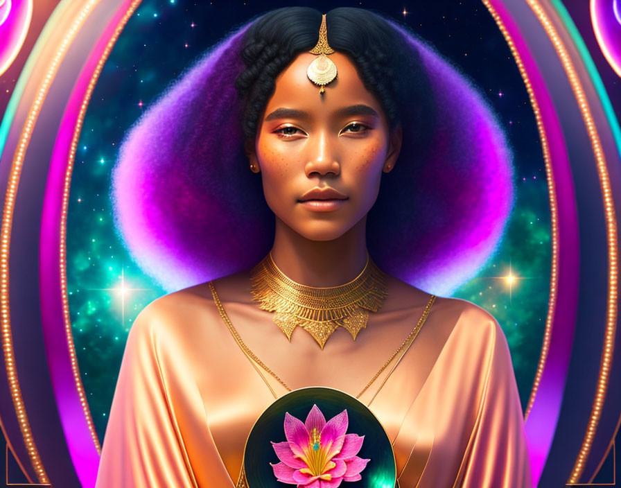 Illustrated woman with afro hair and jewelry on cosmic background with neon rings and lotus.