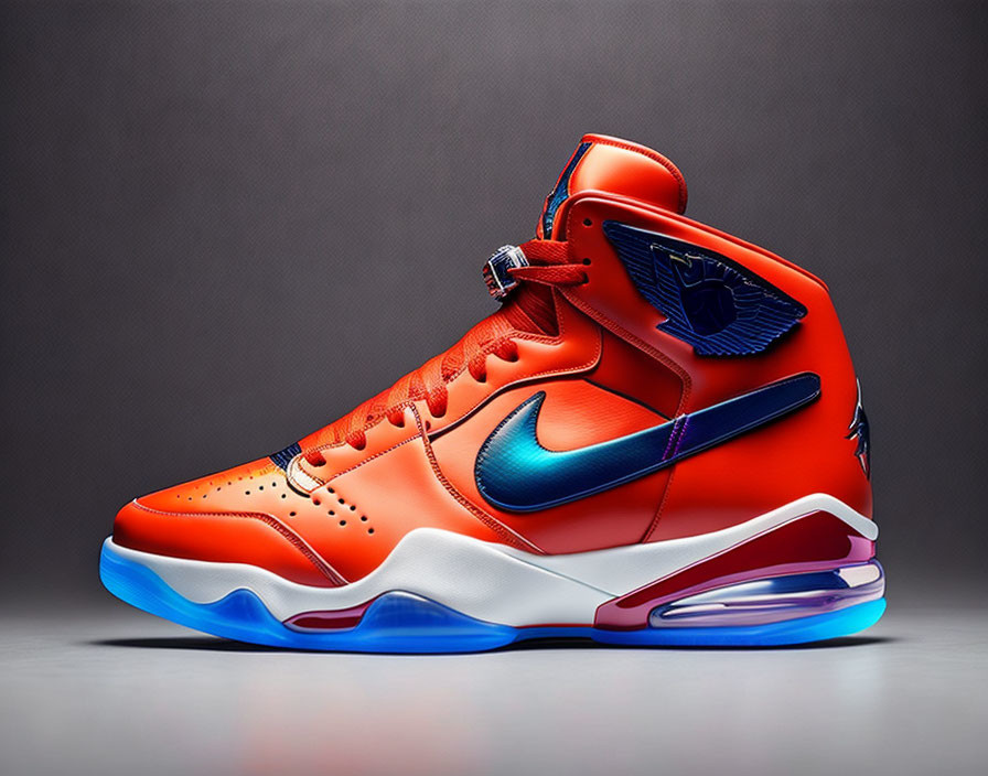 Orange and Blue Nike High-Top Basketball Sneaker with Air Cushioned Sole