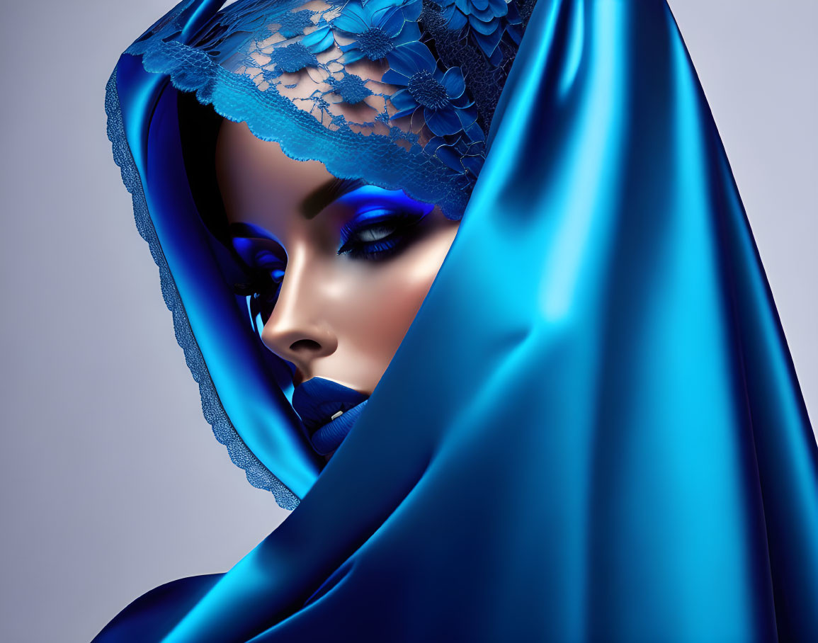 Woman in Blue Lace Headpiece and Satin Fabric Draping