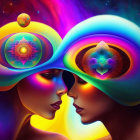 Digital artwork: Two faces in profile with cosmic headpieces on starry background