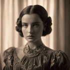 Sepia-toned vintage portrait of a woman with short curled hair and jeweled necklace.