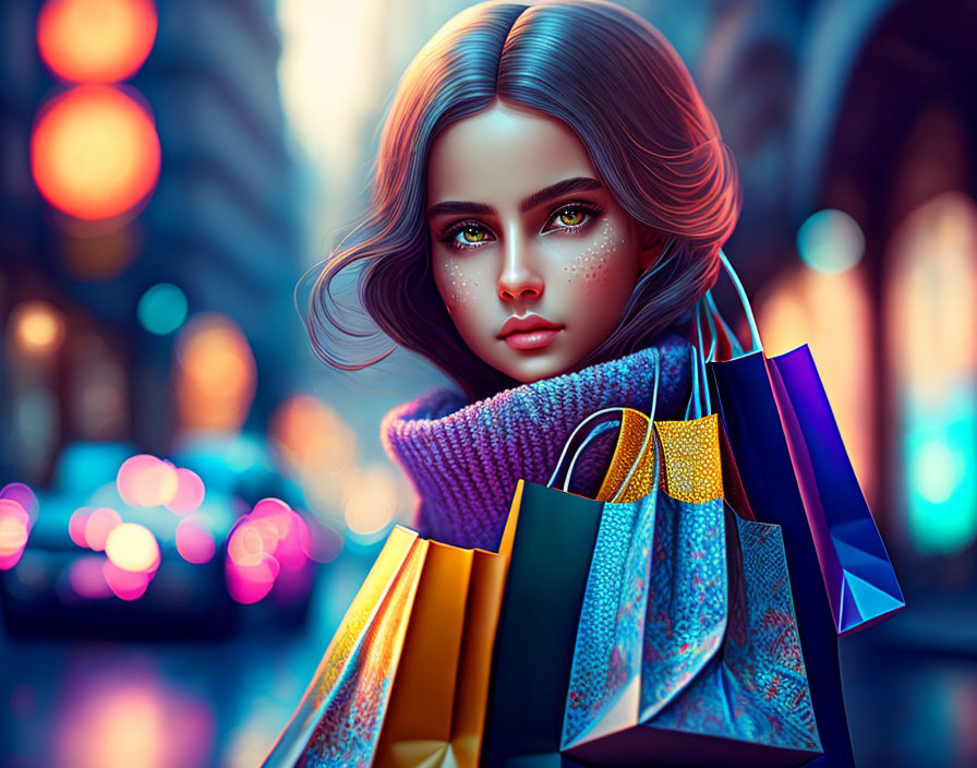 Vibrant digital artwork of young woman with shopping bags in cityscape