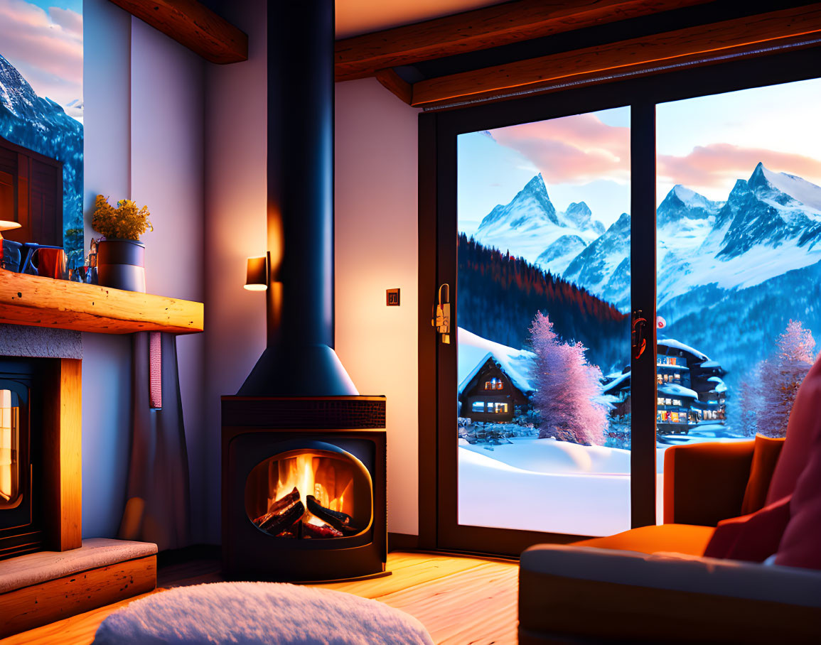 Cozy Room with Fireplace, Armchairs, and Snowy Mountain View