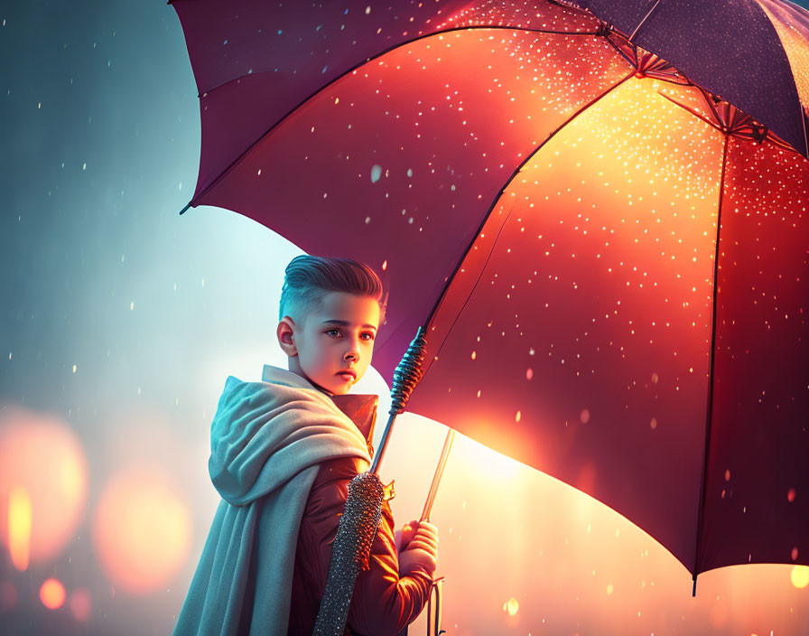 Stylized image: young person with red umbrella in raindrops