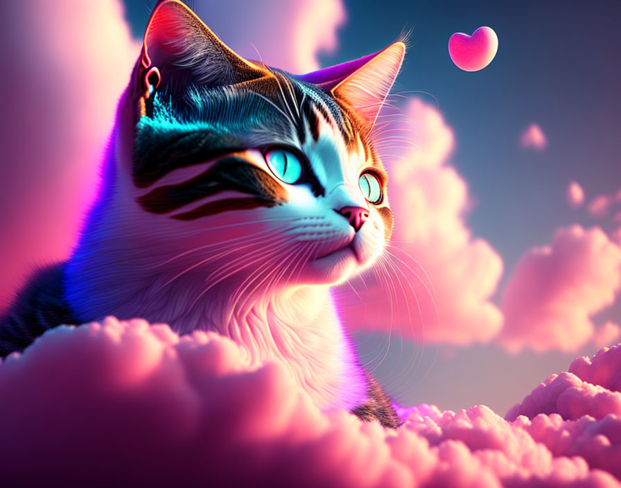 Colorful Cat Illustration with Blue Eyes and Striped Fur on Dreamy Cloud Background