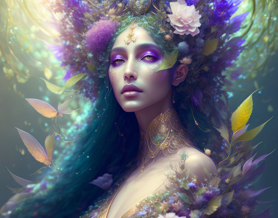 Elaborate Headpiece of Flowers, Feathers, and Foliage on Mystical Woman