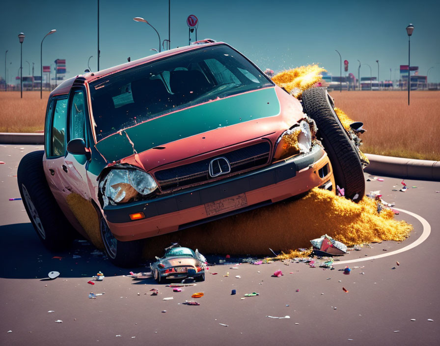 Red car damaged in accident with shattered front and ejected tire.