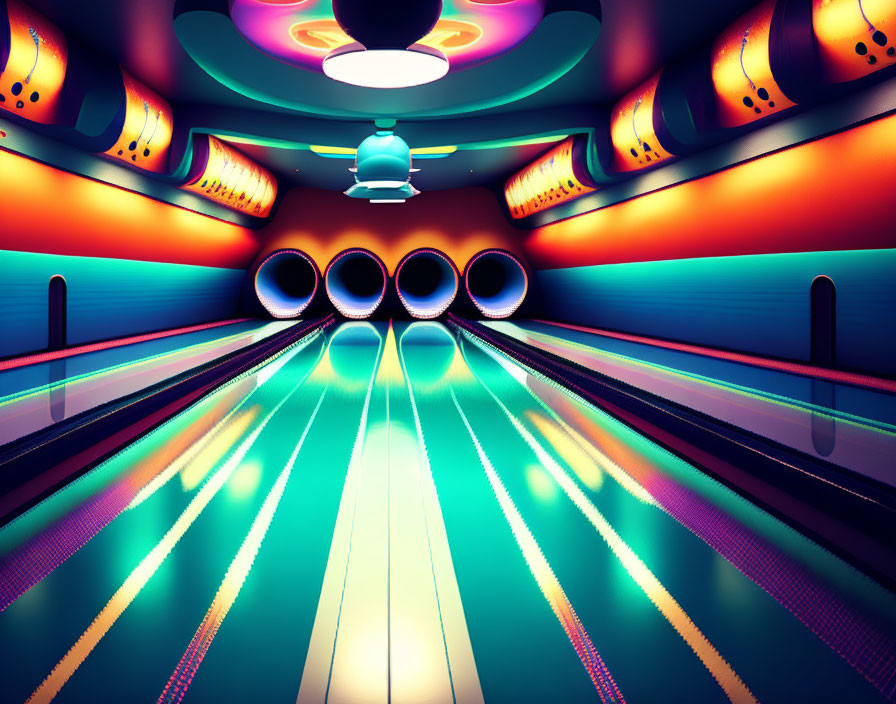 Neon-lit bowling alley with glowing lanes and retro design