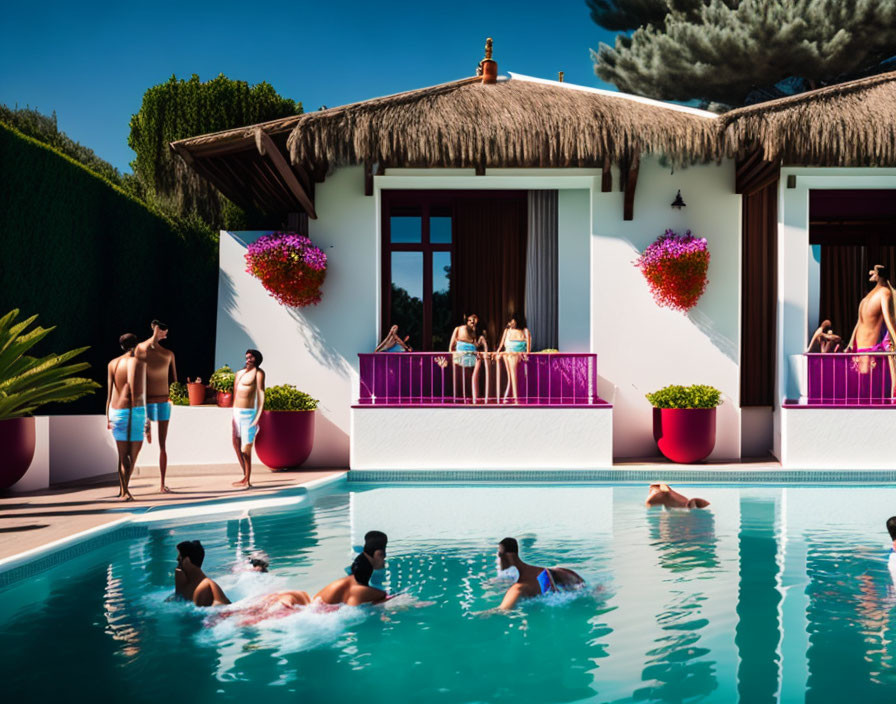 Sunny poolside scene with people swimming and lounging