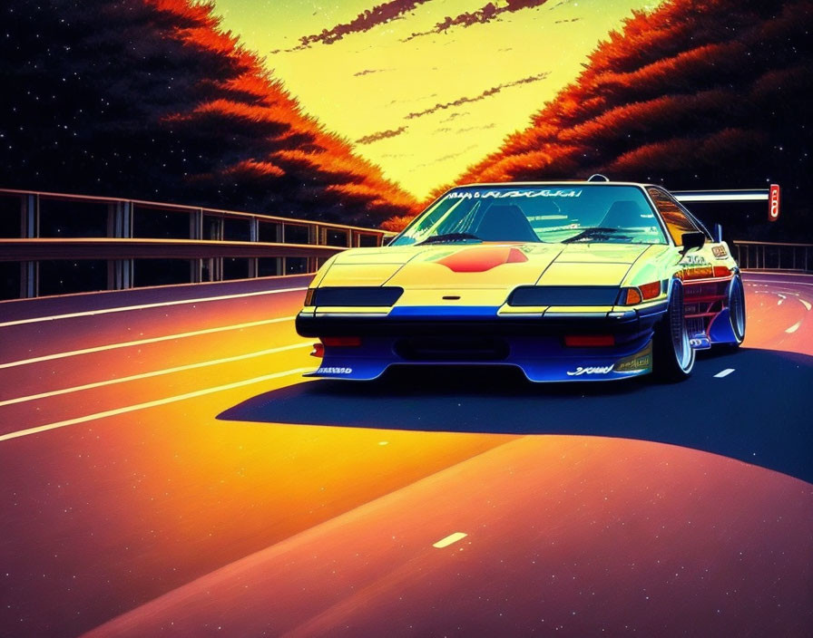 Sleek sports car on neon-lit road with sunset sky and silhouetted trees