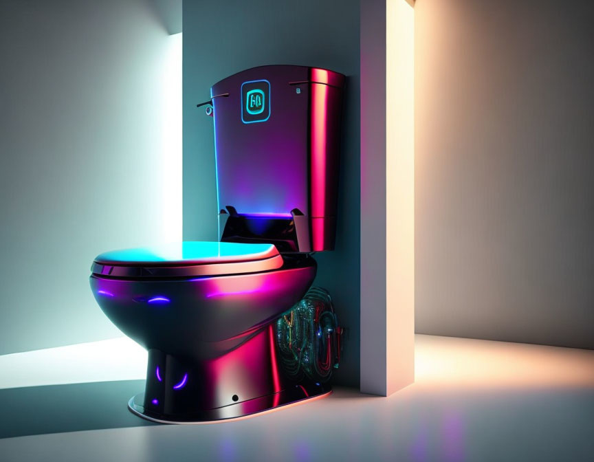 Modern black finish futuristic toilet with neon LED lights and digital interface