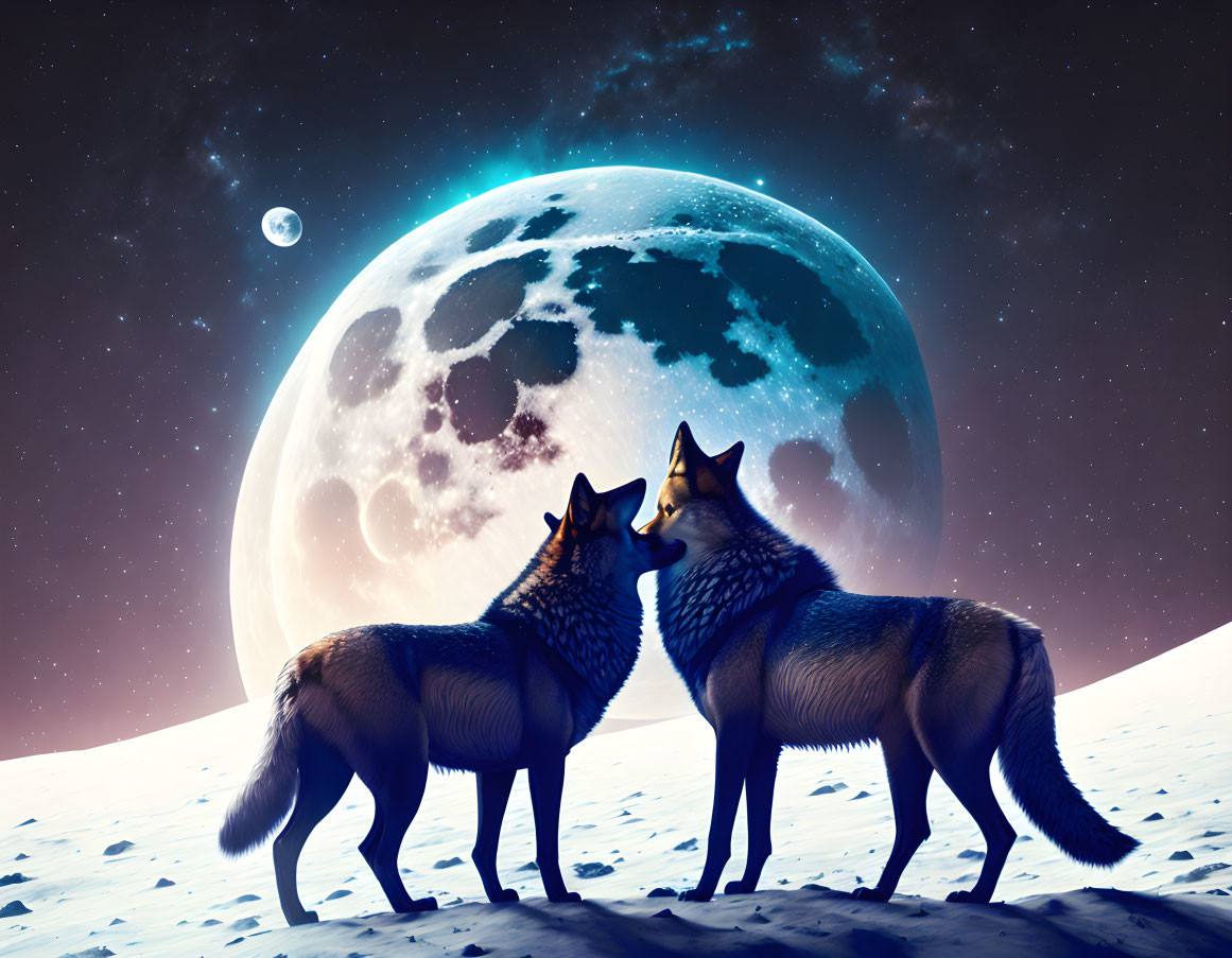 Two wolves on snowy terrain under starry sky with moon and distant planet