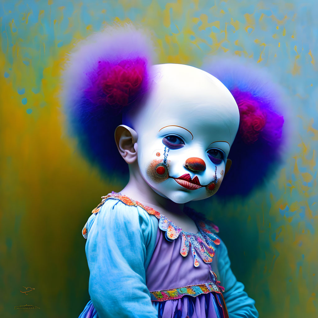 Child with clown-like face in surreal image with vibrant blue eye and colorful hair against abstract background