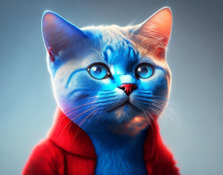 Blue Cat with Green Eyes in Red Hoodie on Grey Background