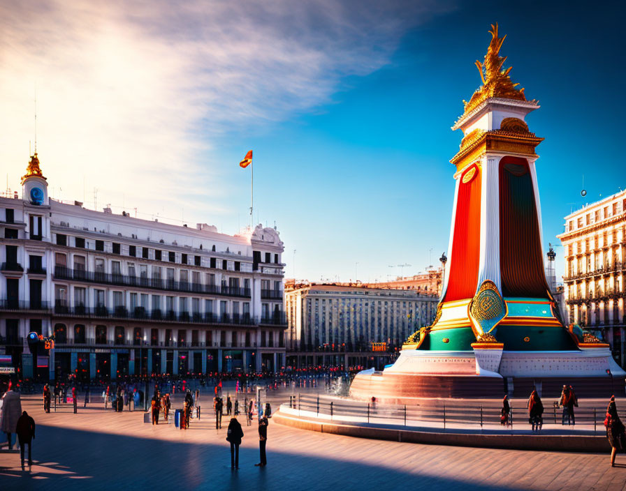 Historic city square at sunset with flag, people, and ornate monument