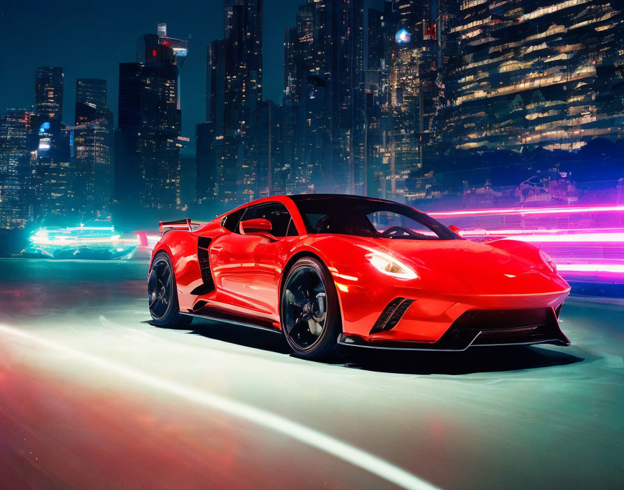 Vibrant red sports car against neon city lights at night