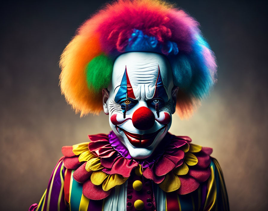 Vibrant clown with colorful wig and painted face against muted background