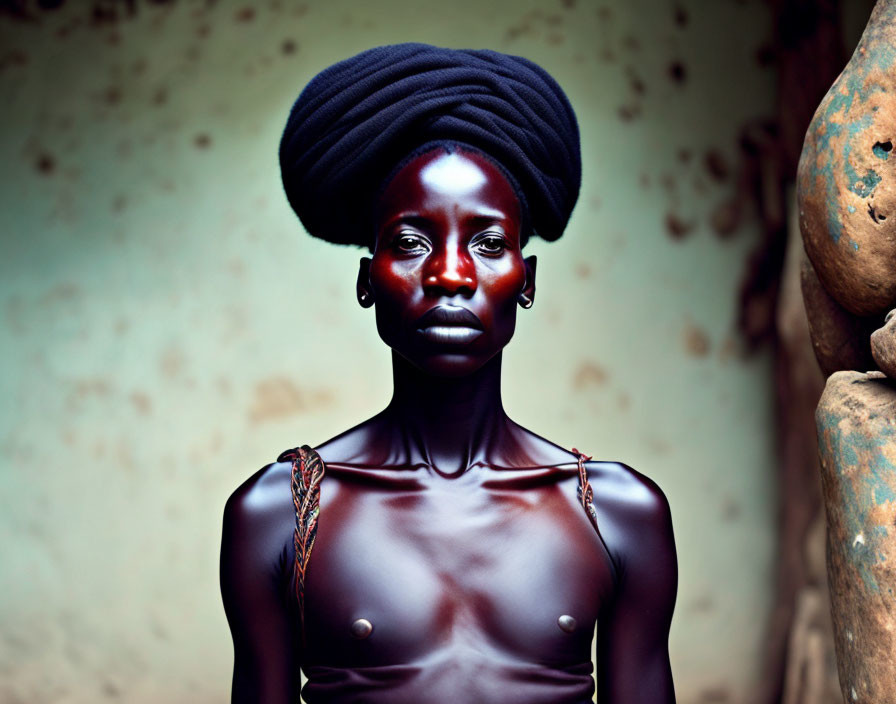 Striking portrait of woman with dark skin in red makeup and headwrap