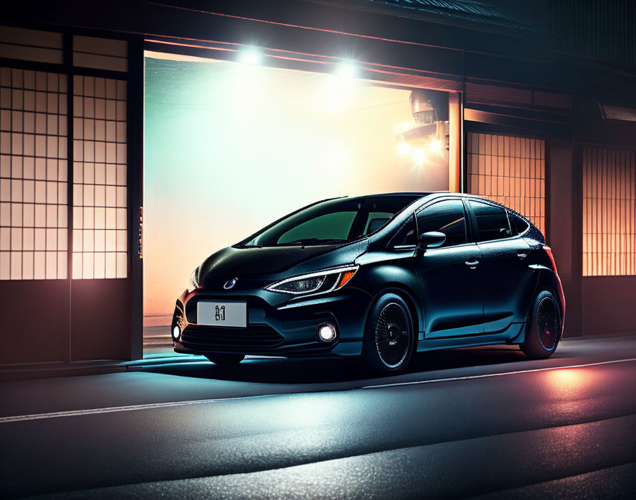 Sleek black car parked in front of illuminated building at night