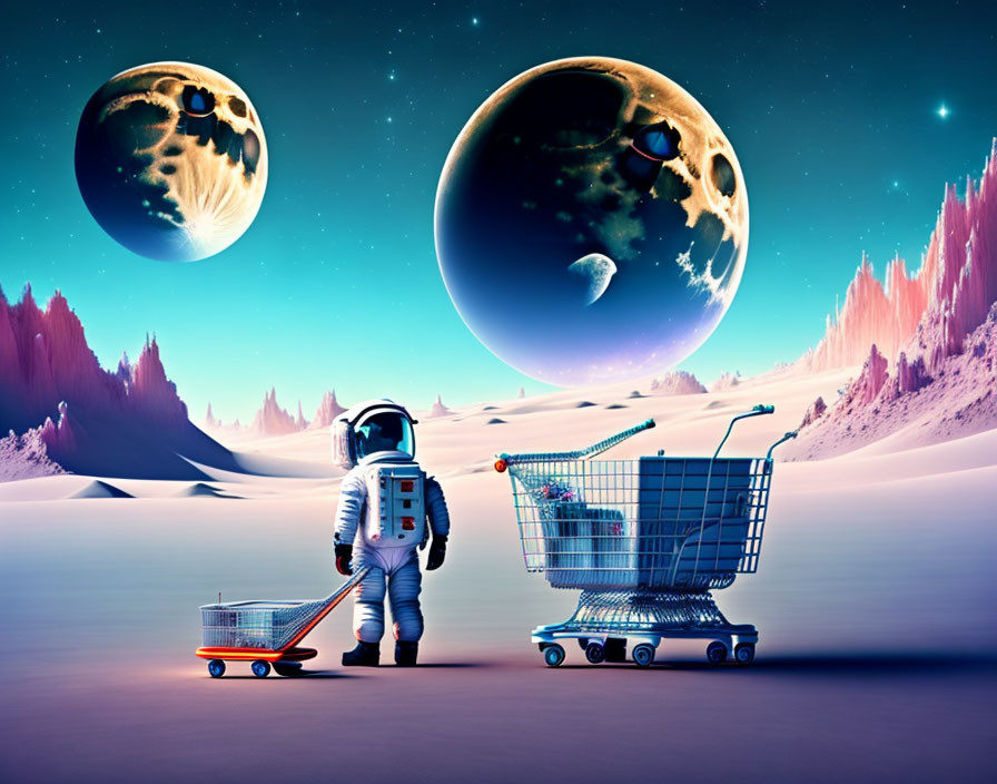 Astronaut with shopping cart in surreal alien landscape