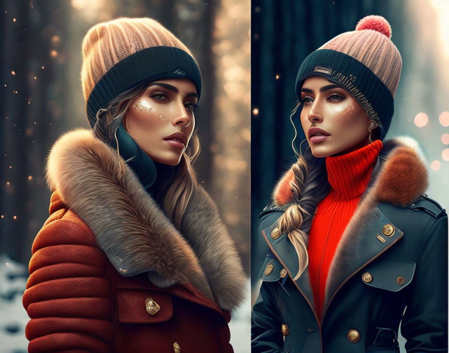 Digital Art Diptych of Woman in Beanie & Fur Coat, Snowy Background