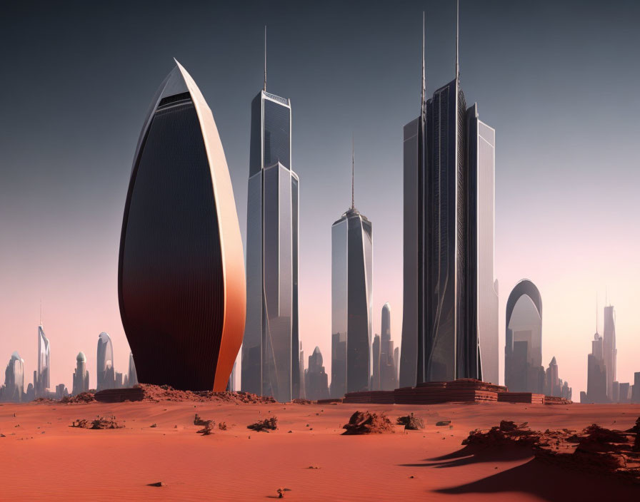 Modern cityscape with oval-shaped building in desert setting