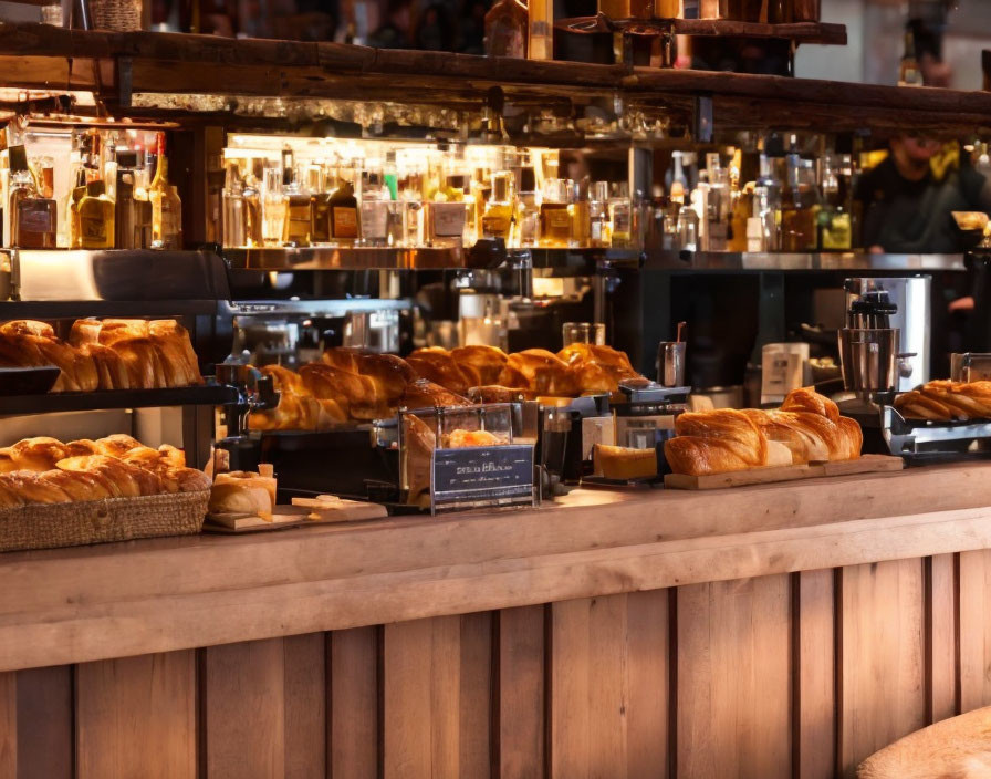 Bakery counter with fresh loaves, pastries, shelves stocked with bottles, warm lighting