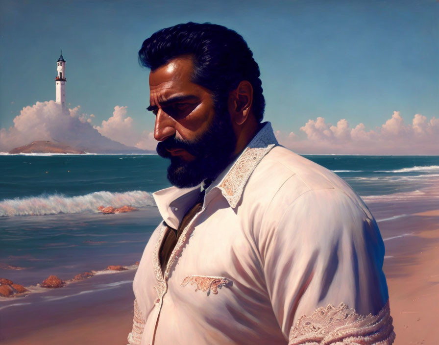 Bearded man in white shirt on beach with lighthouse and waves