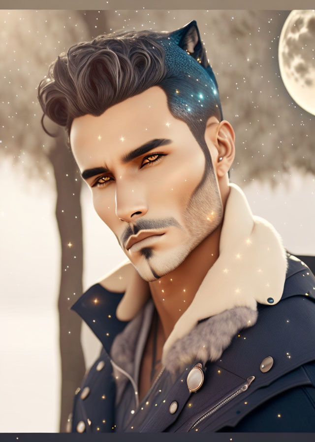 Man with stylized facial hair and golden eyes in moonlit setting