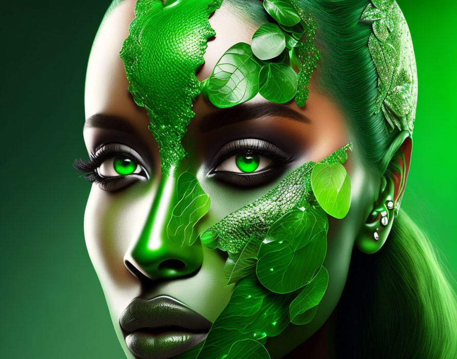 Portrait of Woman with Green Artistic Makeup and Leaf Patterns on Face